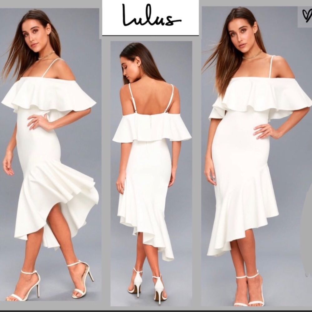 LULU’S GLAM WHITE ASYMMETRICAL OFF-THE-SHOULDER S